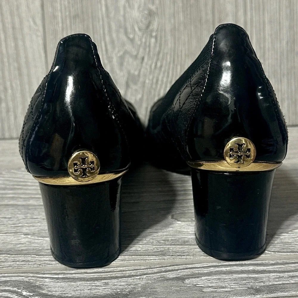 Tory Burch Black‎ Quilted Leather Block Heel Pumps Carrie Cap Toe Logo Womens 9M